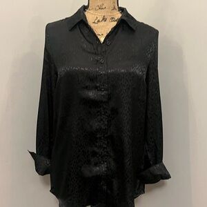 Black Satin Leopard-Print Button-Up Blouse - NWT
